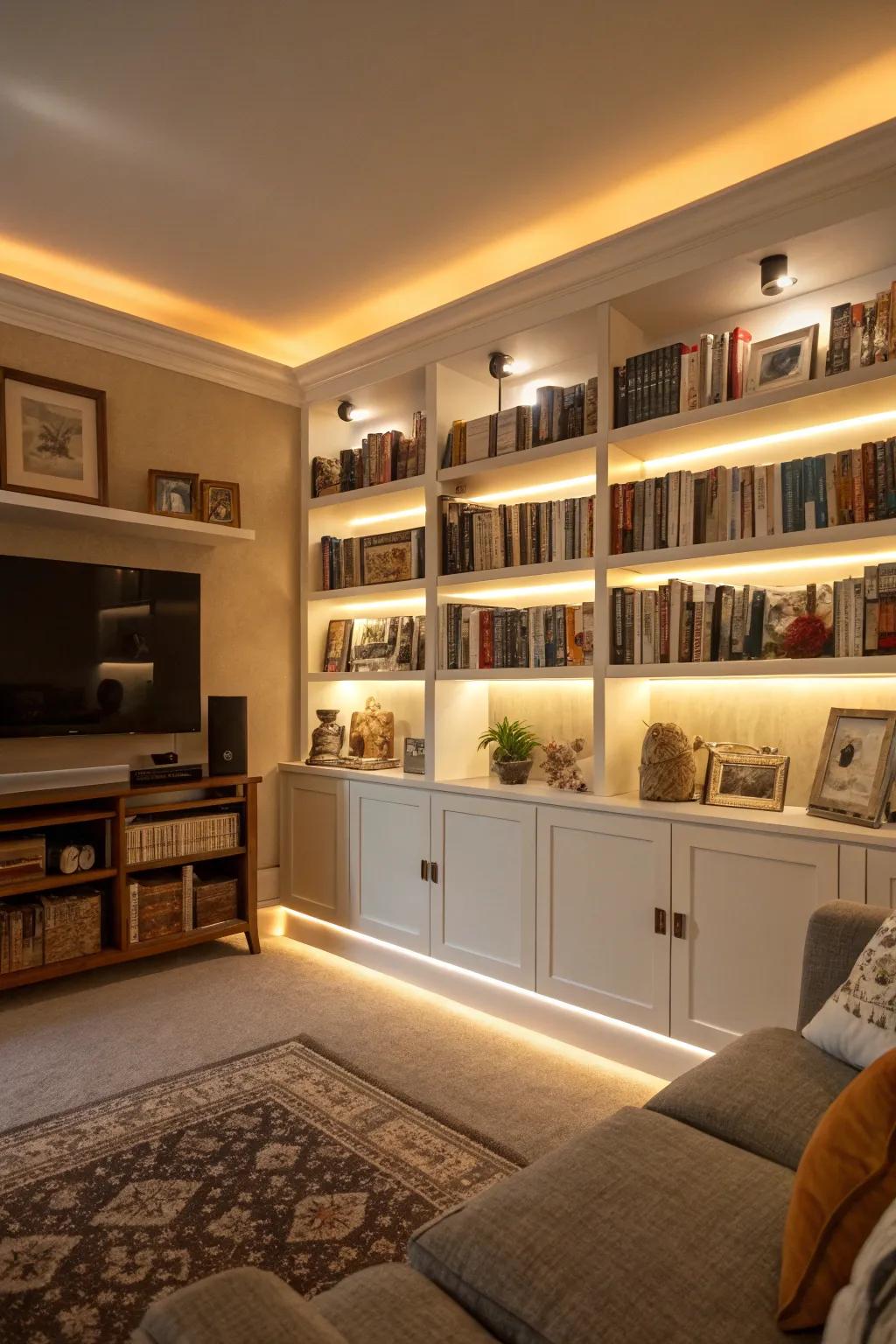 LED strip illumination adds depth under shelving.