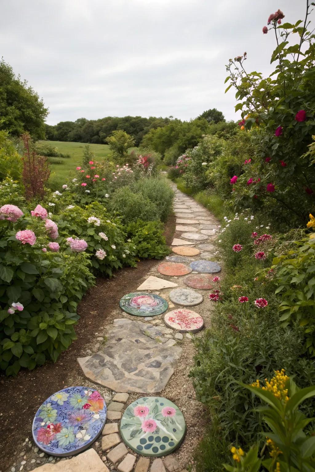 A garden path adorned with vibrant stepping stones crafted from repurposed plate fragments.