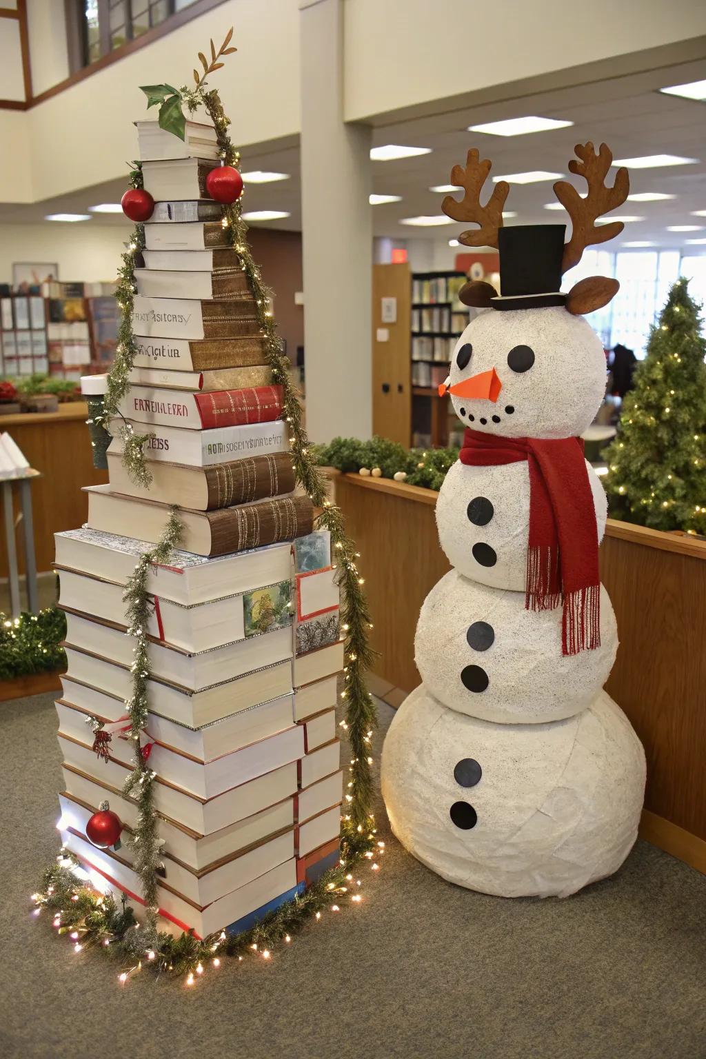 Enliven festive characters by creatively arranging books.