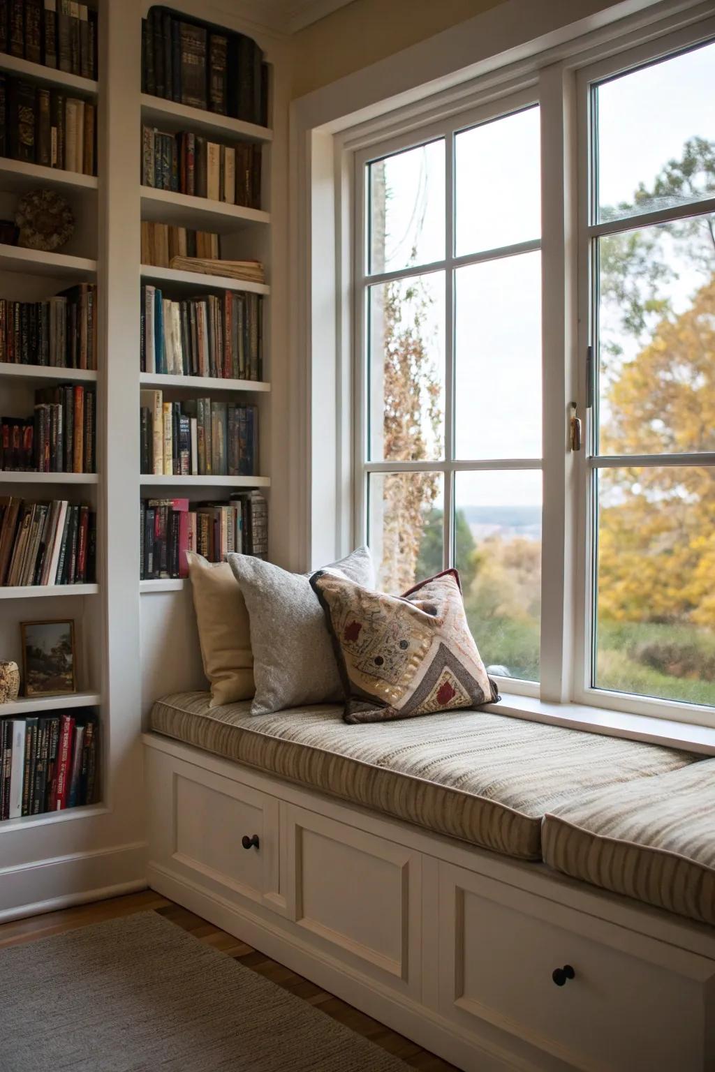A bright window seat is perfect for relaxing and reading.