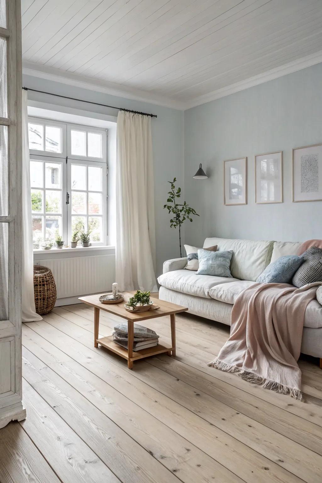 Bleached oak flooring highlights the Scandinavian charm of this inviting room.