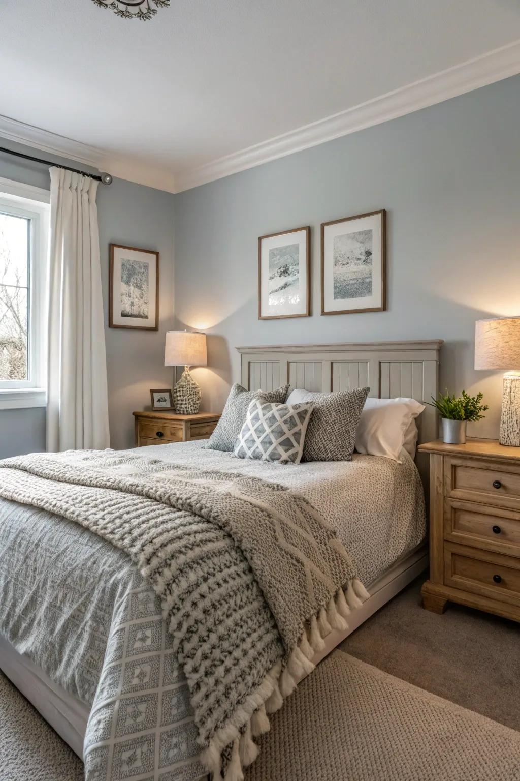 Textured linens bring depth to a pale grey sleeping space.