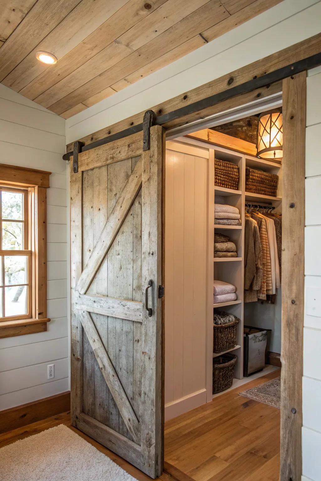 A countryside sliding door infuses allure and practicality into a linen closet.
