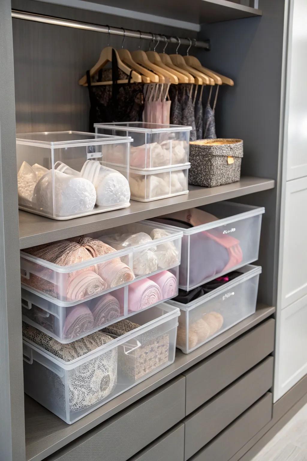 See and select your lingerie effortlessly with transparent containers.