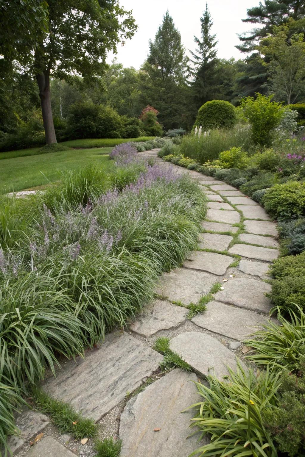 'Fountaingrass' borders emphasizing a calm rock path.