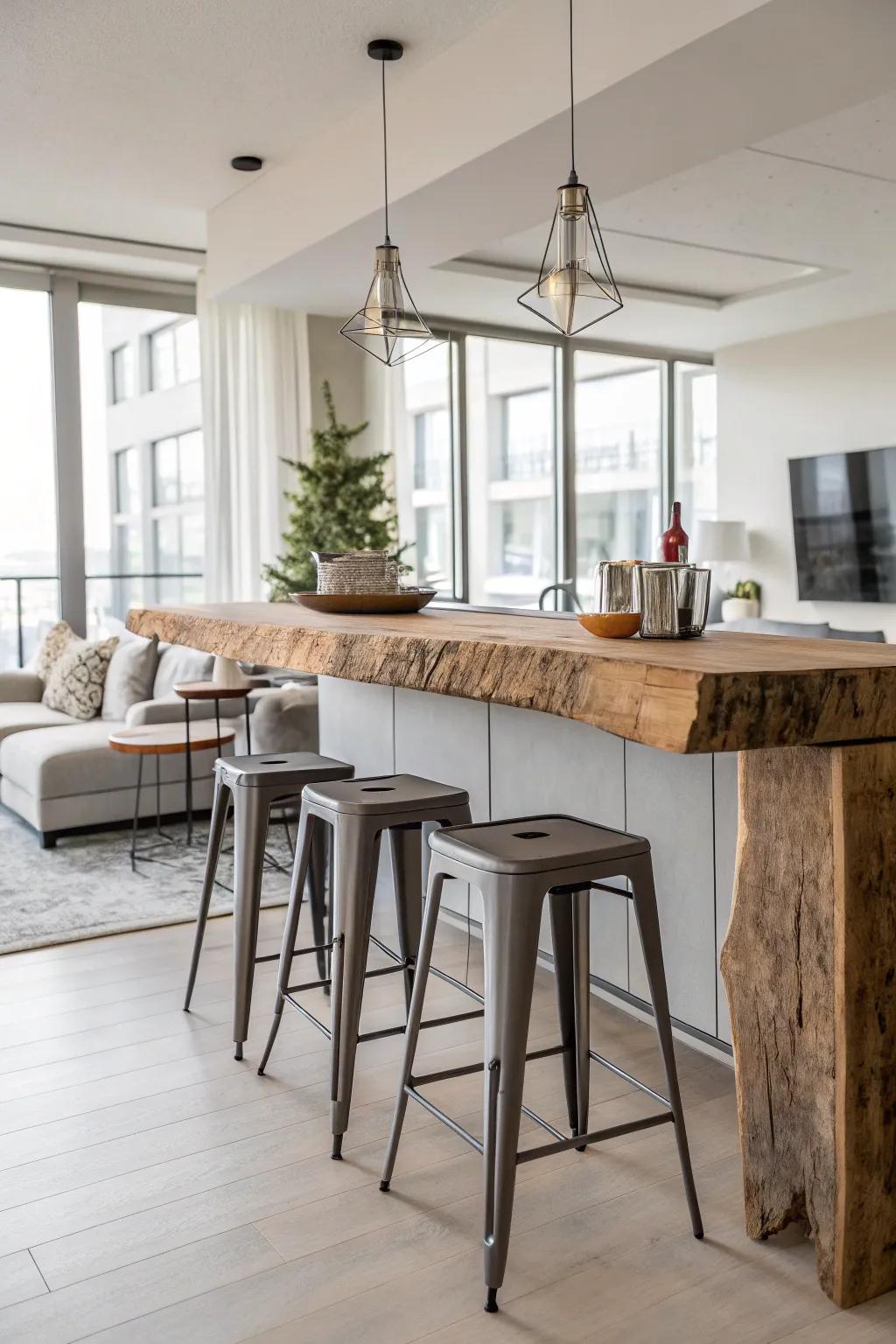 A natural-edge bar matched with modern metal seats, producing a balanced blend of country and modern trends.