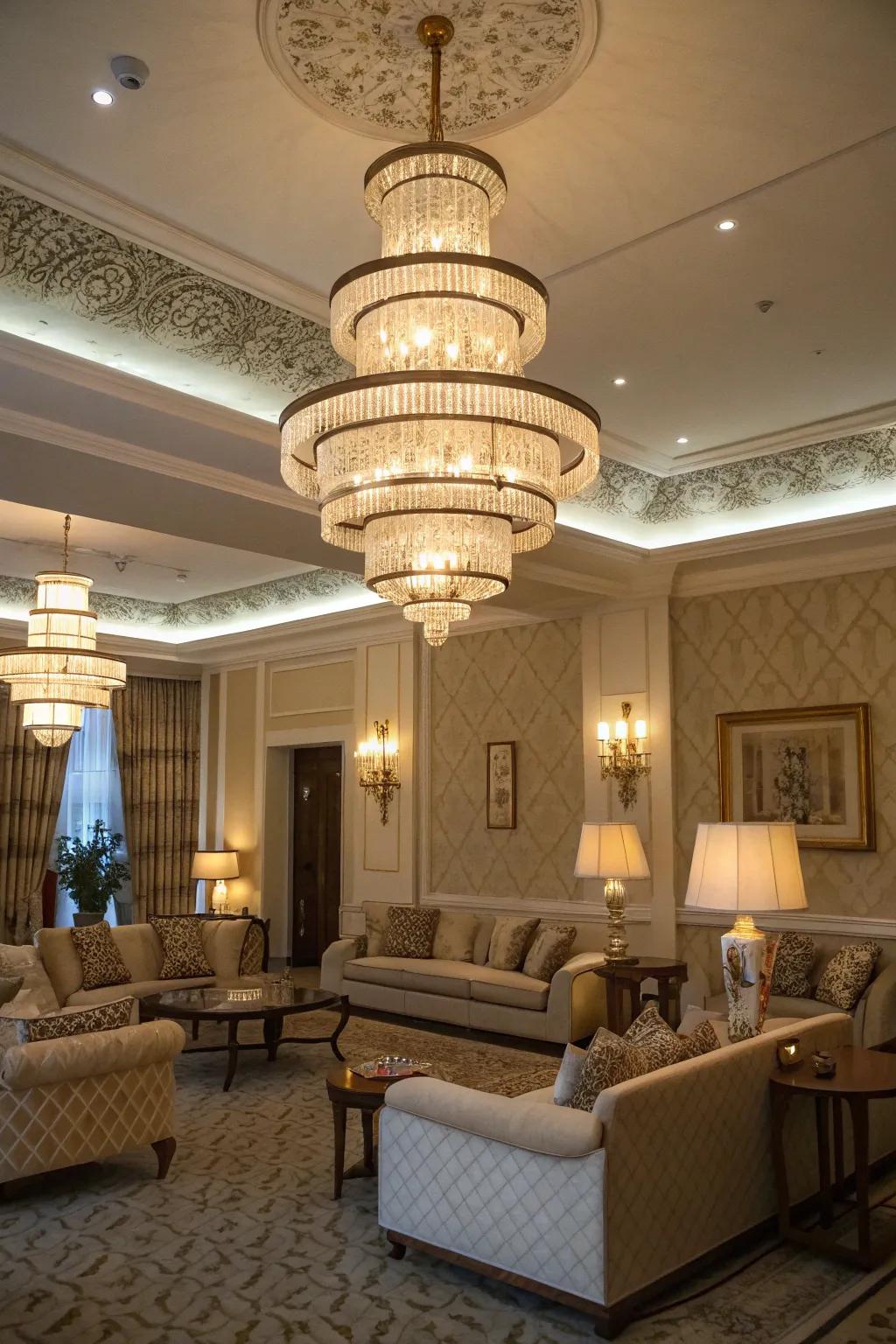 Layered illumination using chandeliers offers richness and coziness.
