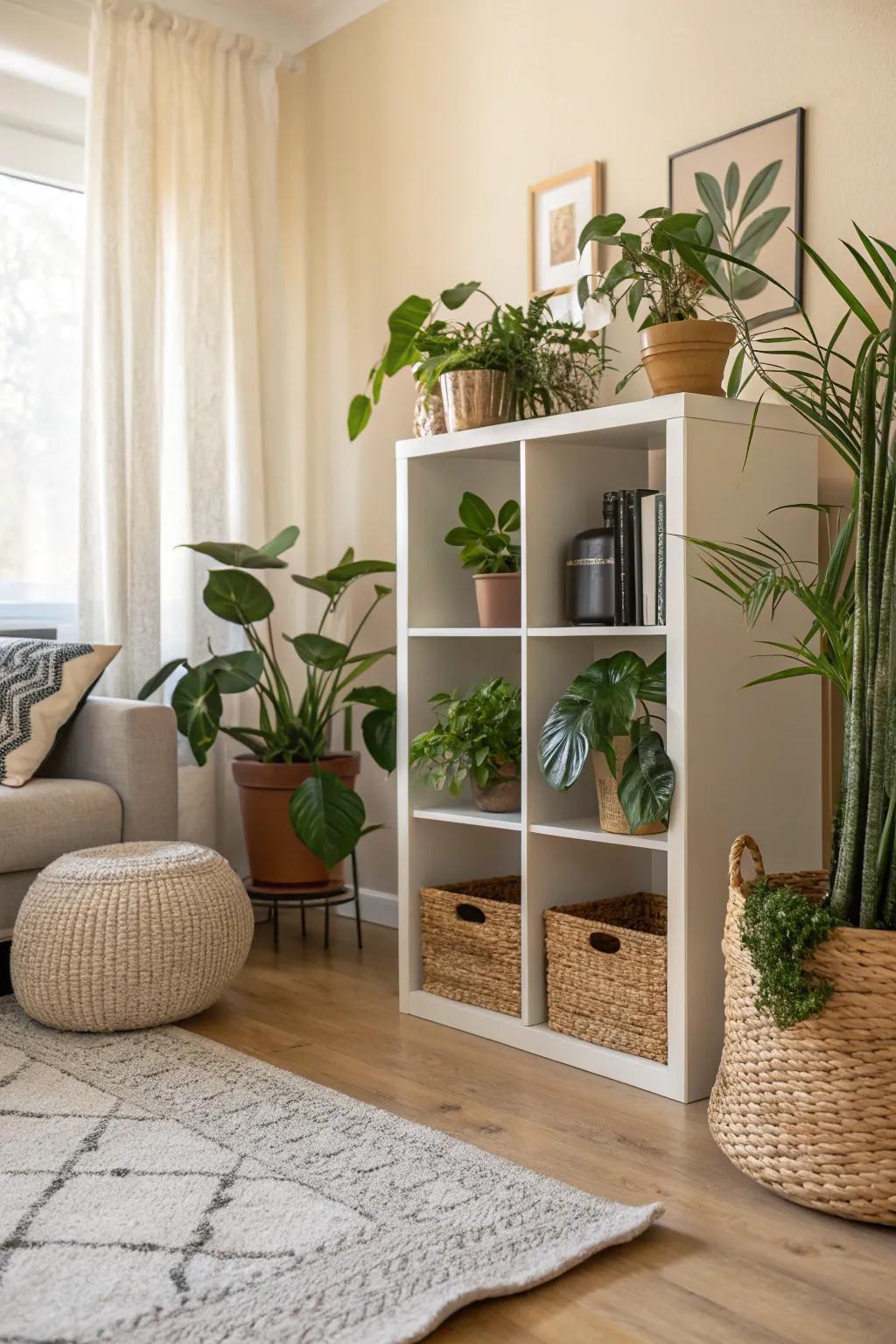 A tranquil indoor botanical retreat fashioned with cube storage, harmonizing the outdoors with interior aesthetics.