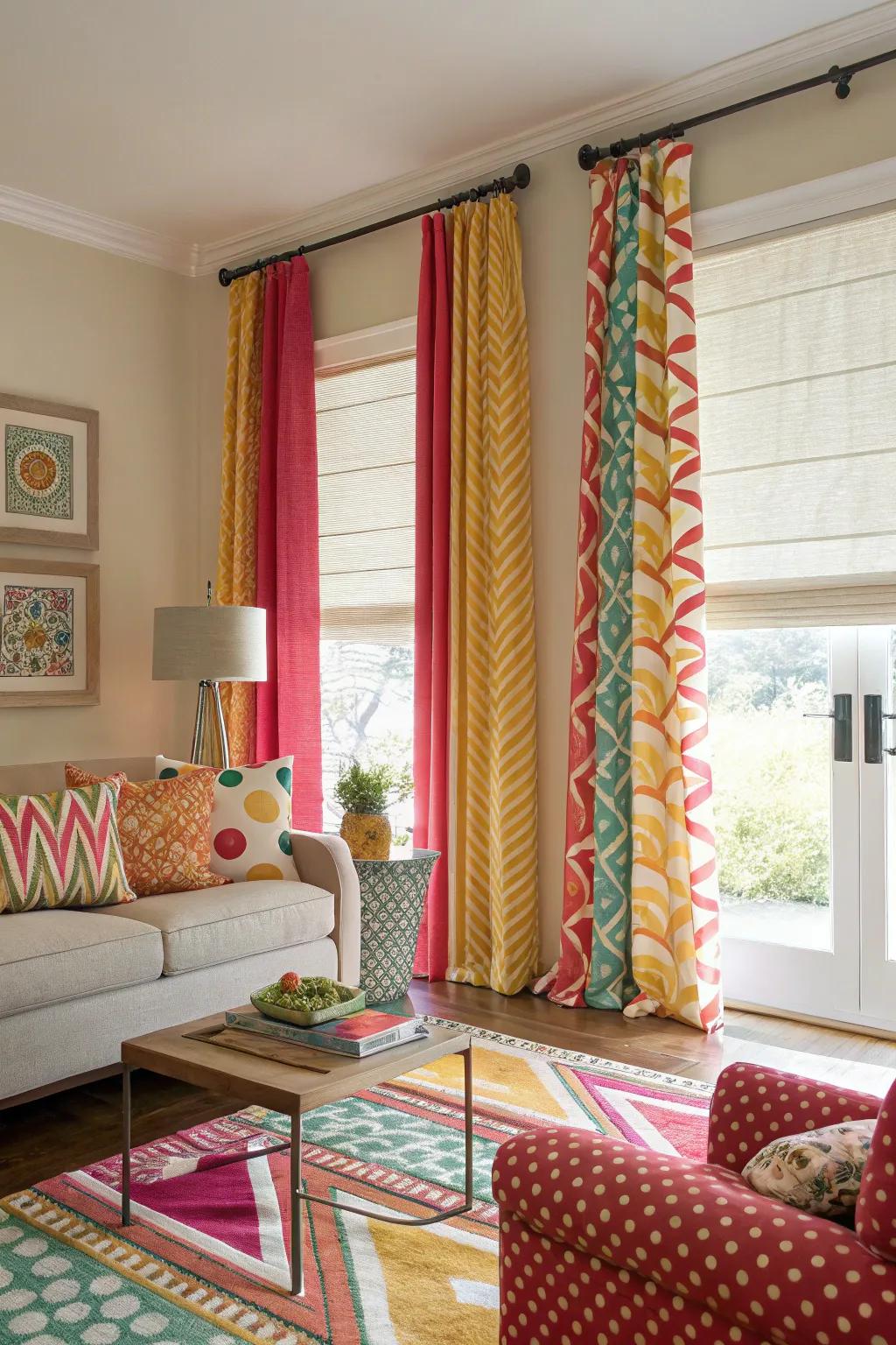 Draperies adorned with patterns infuse vibrancy and uniqueness into any family room.