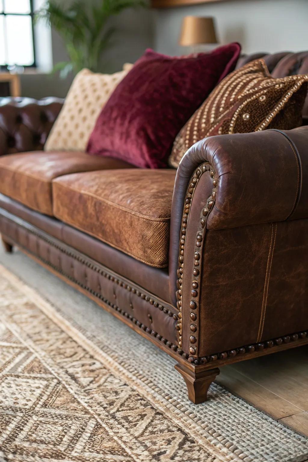 Feels contribute depth and curiosity to the leather settee.