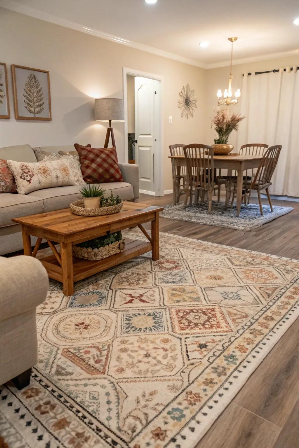 Rugs define areas and add a layer of cozy sophistication.