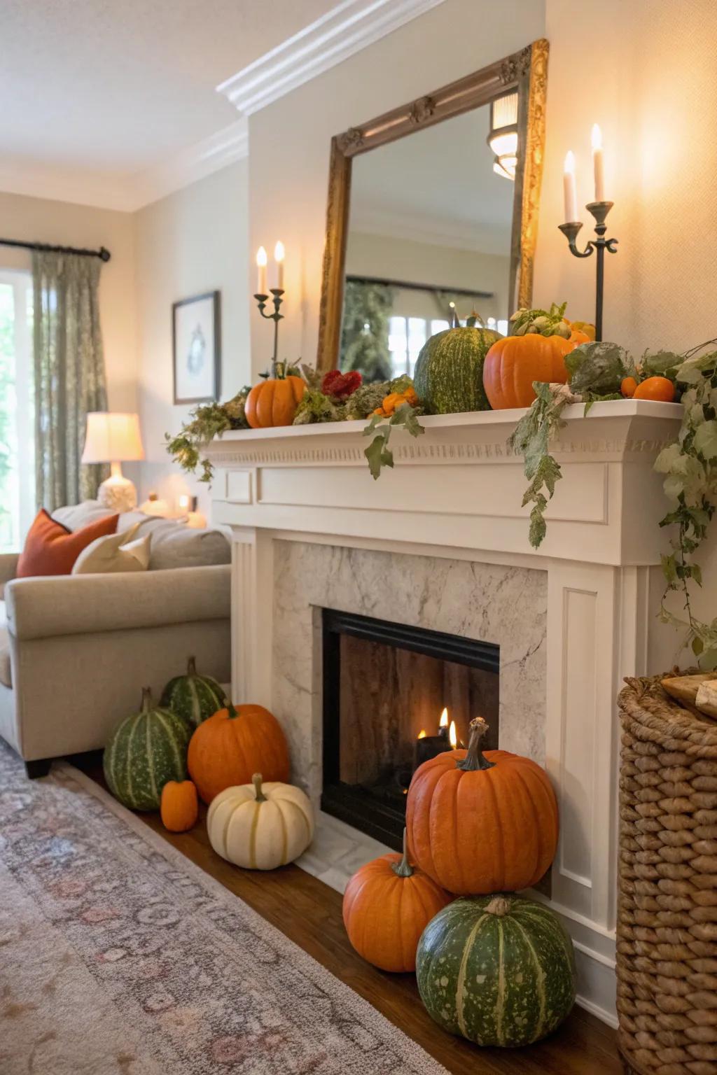 Pumpkins and gourds introduce a touch of fall playfulness to this living room's mantel.