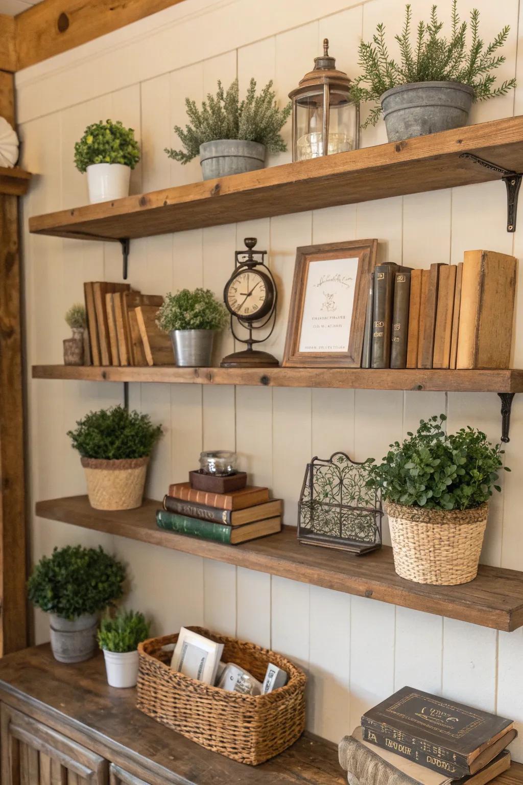 Wooden shelves offer a rustic touch and practical storage.
