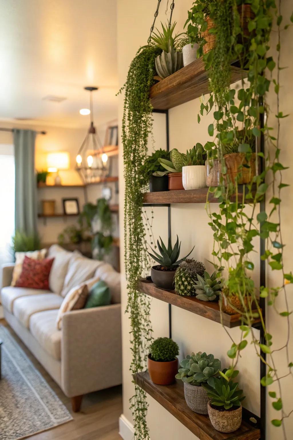 Welcome the outdoors in by positioning verdure on your hanging shelves.