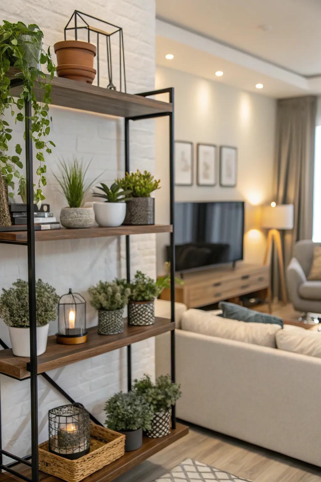 A soaring shelf exhibiting a spectrum of petite botanicals.