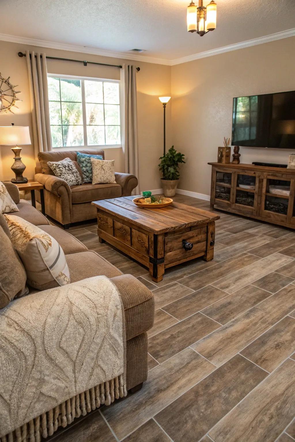 Warm and inviting living room with wood-look porcelain tiles.