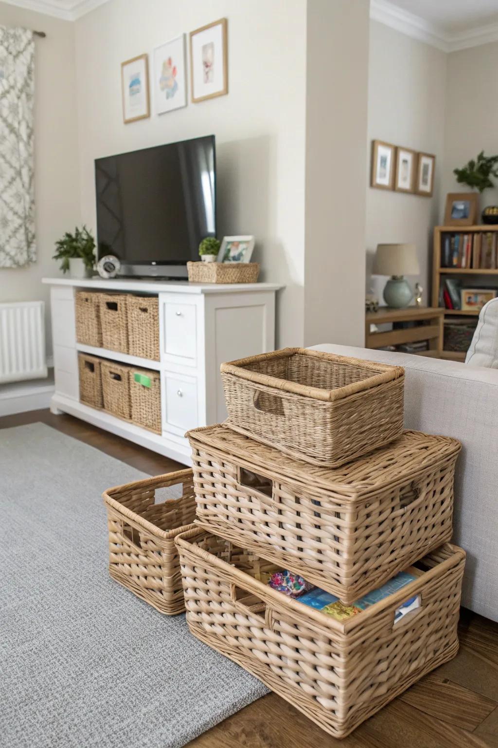 Rattan baskets provide both storage and style.