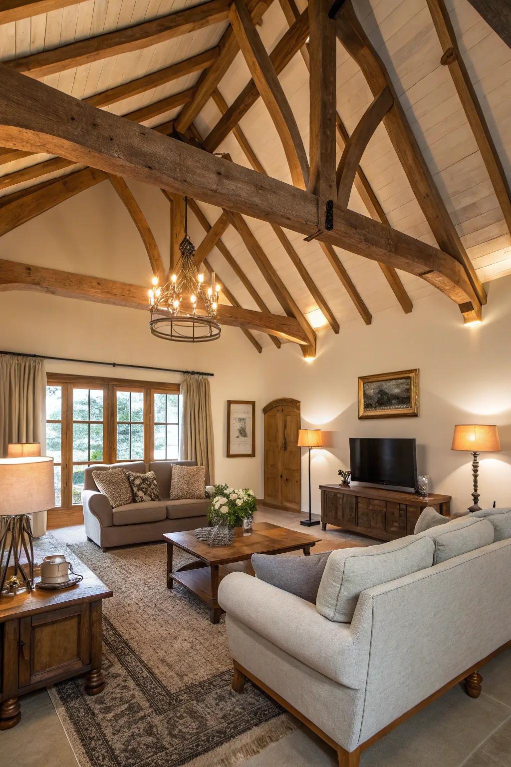 Classic beams contribute pastoral charm to a high ceiling.