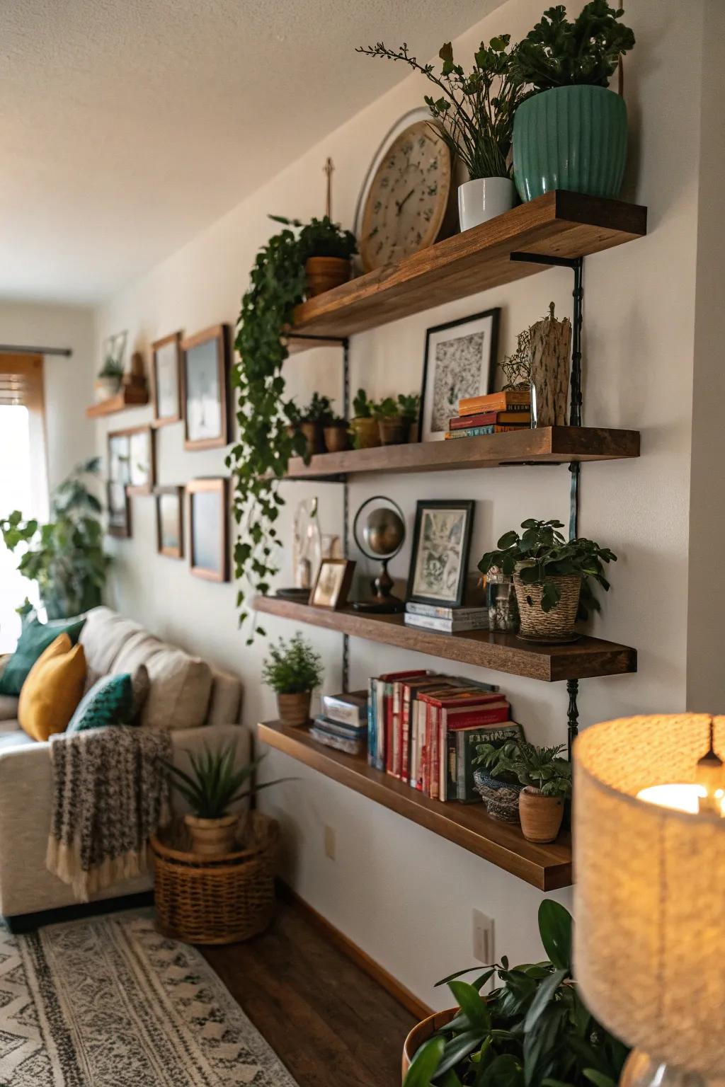 Wall-mounted shelves artistically arranged with books and plants.