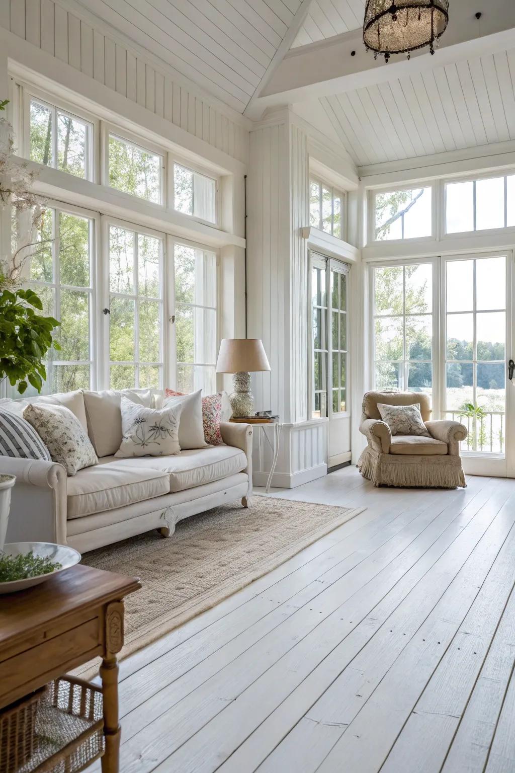 Sunlight bathes the living room, emphasizing the airy allure of white wood floors.