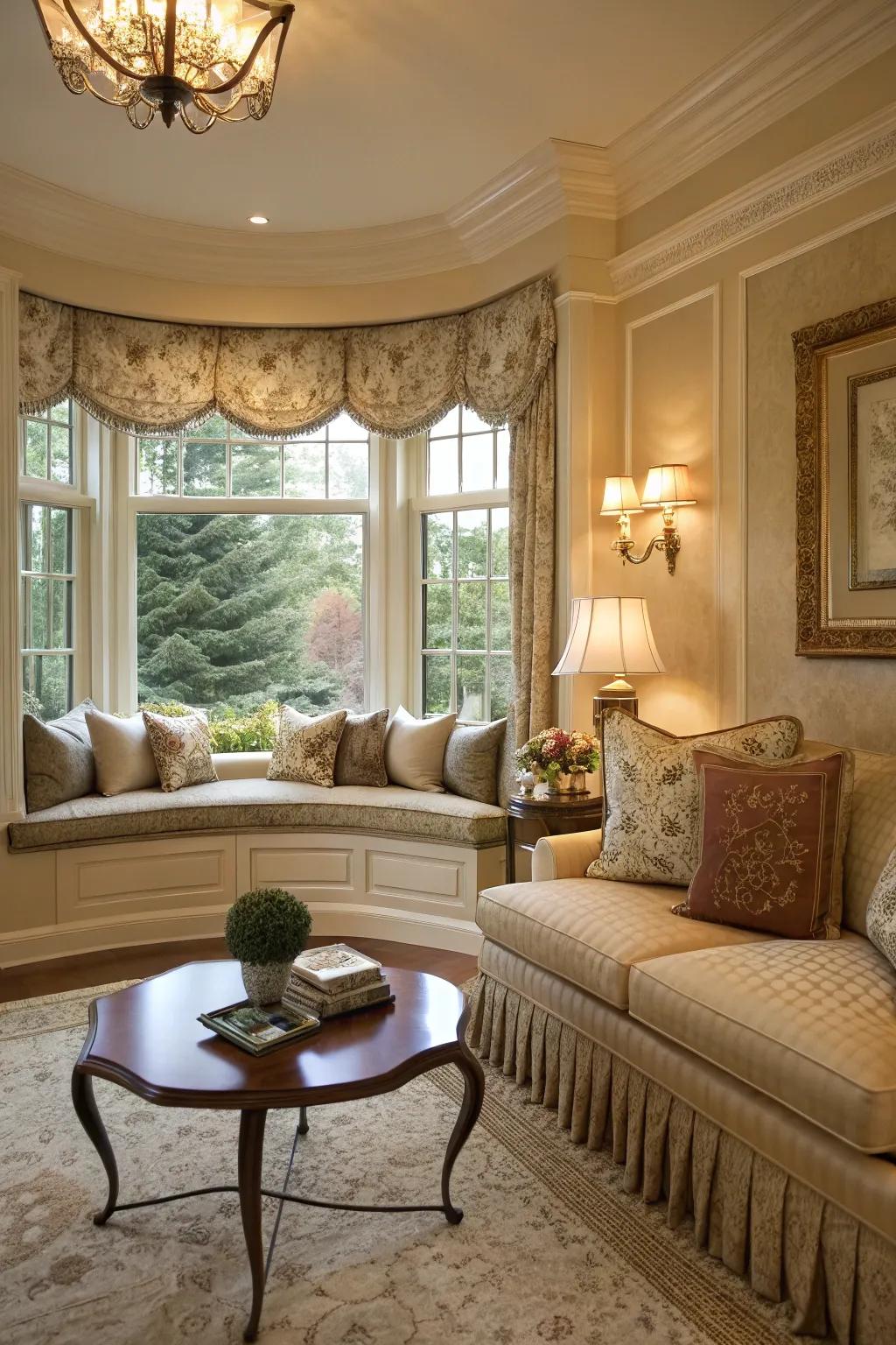 A serene nook fashioned by a bow window in a sophisticated living space.