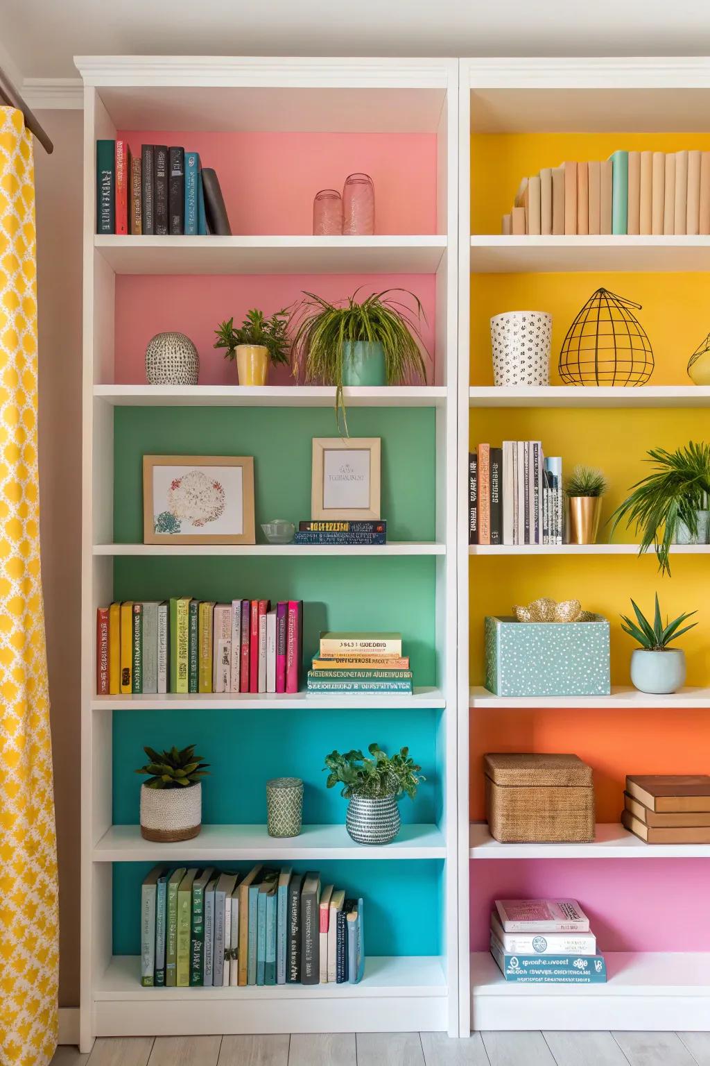 Colour-blocked bookshelves bring an energetic element to any family room.