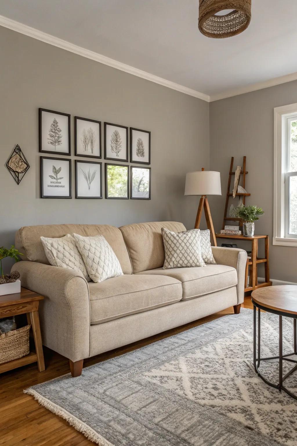 A couch in neutral hues provides a flexible foundation for any living area's decor.