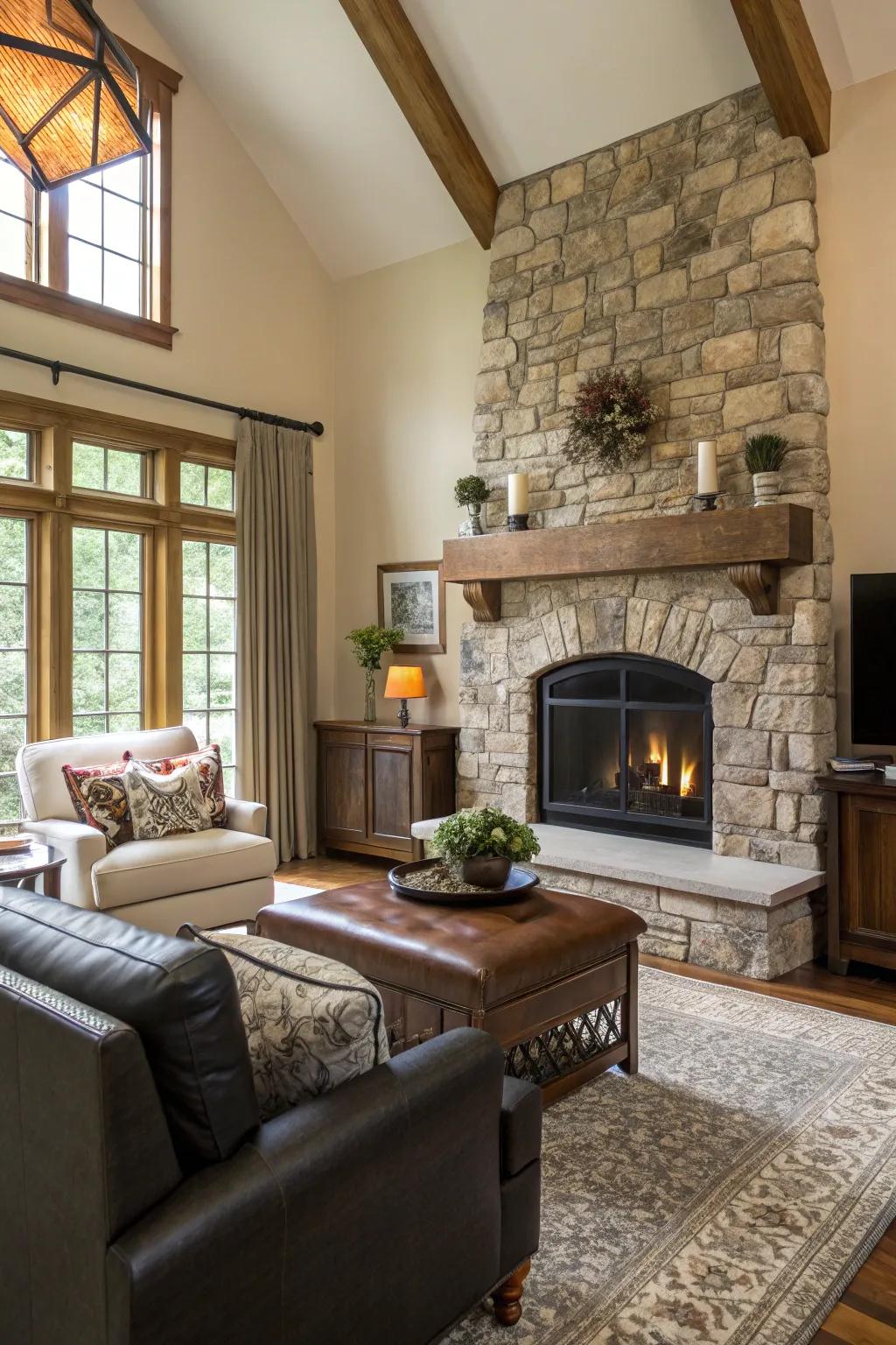 A beautifully balanced living room showcasing modern furnishings against a heritage stone hearth.