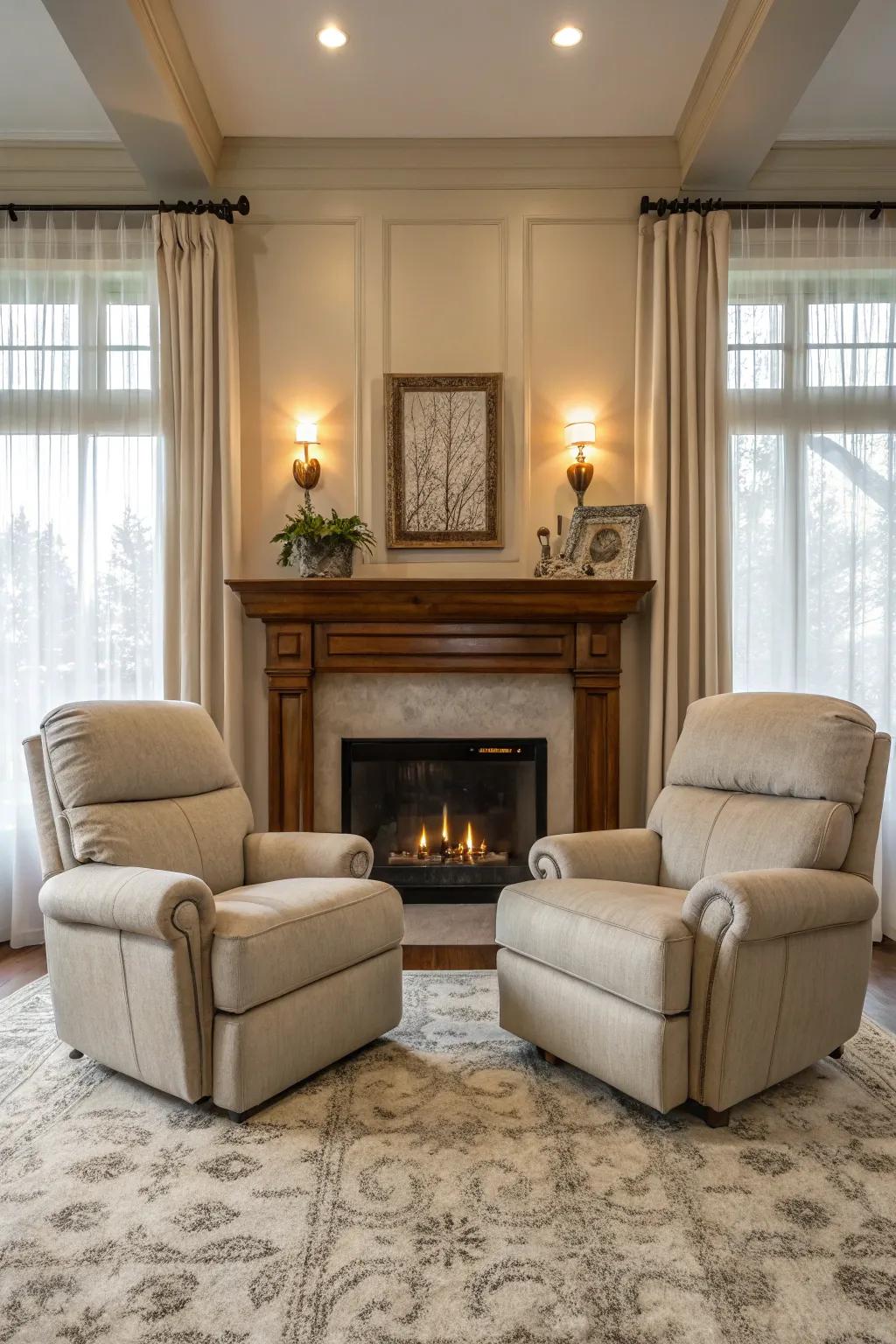 A balanced living room design showcasing twin recliners positioned around the fireplace.