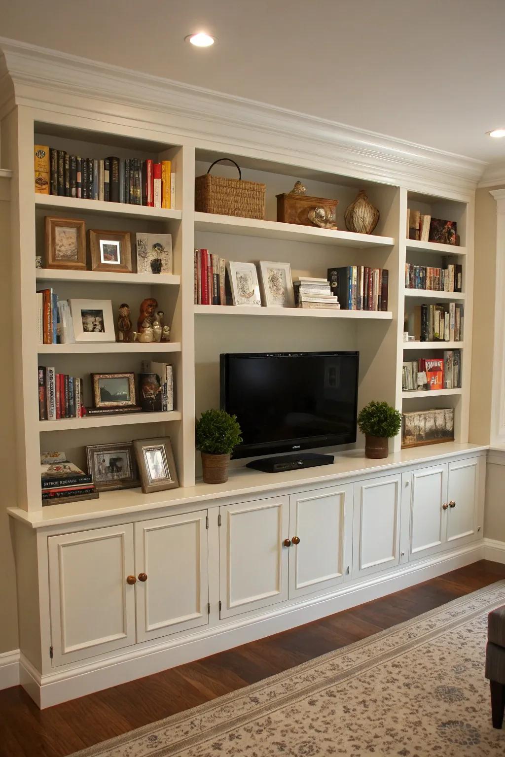 Integrated shelving surrounding the TV establishes a balanced and useful focal point.