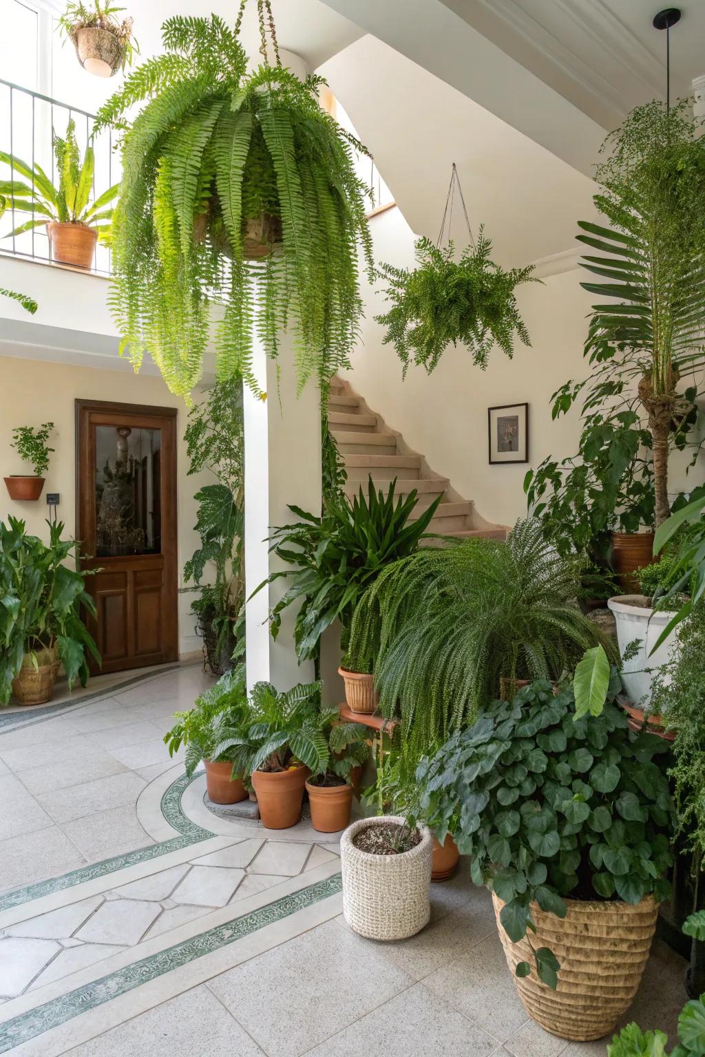 A lively foyer enhanced with houseplants