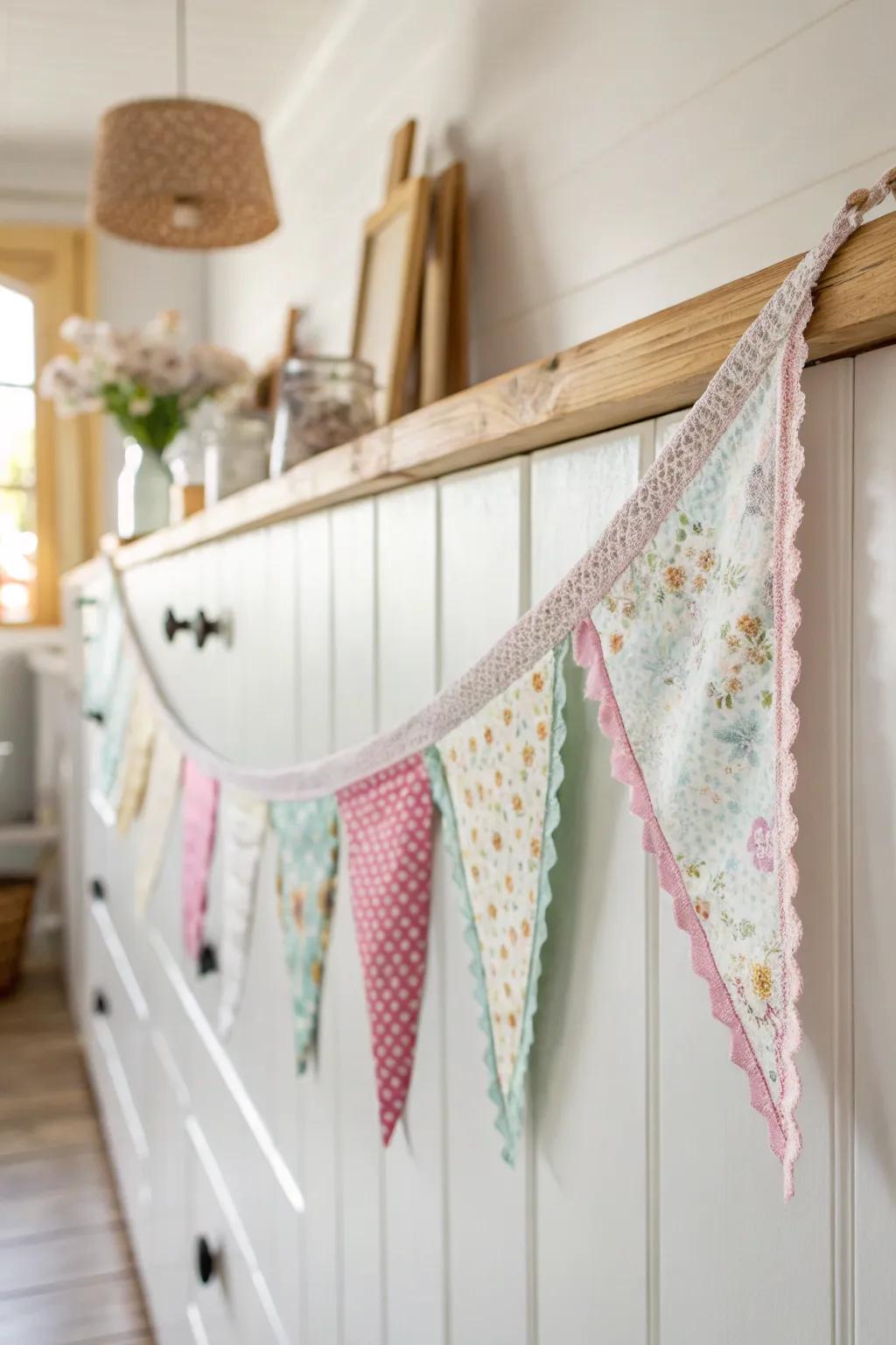 Bring a touch of playfulness into your home with this delightful textile garland, pieced together from treasured memories!