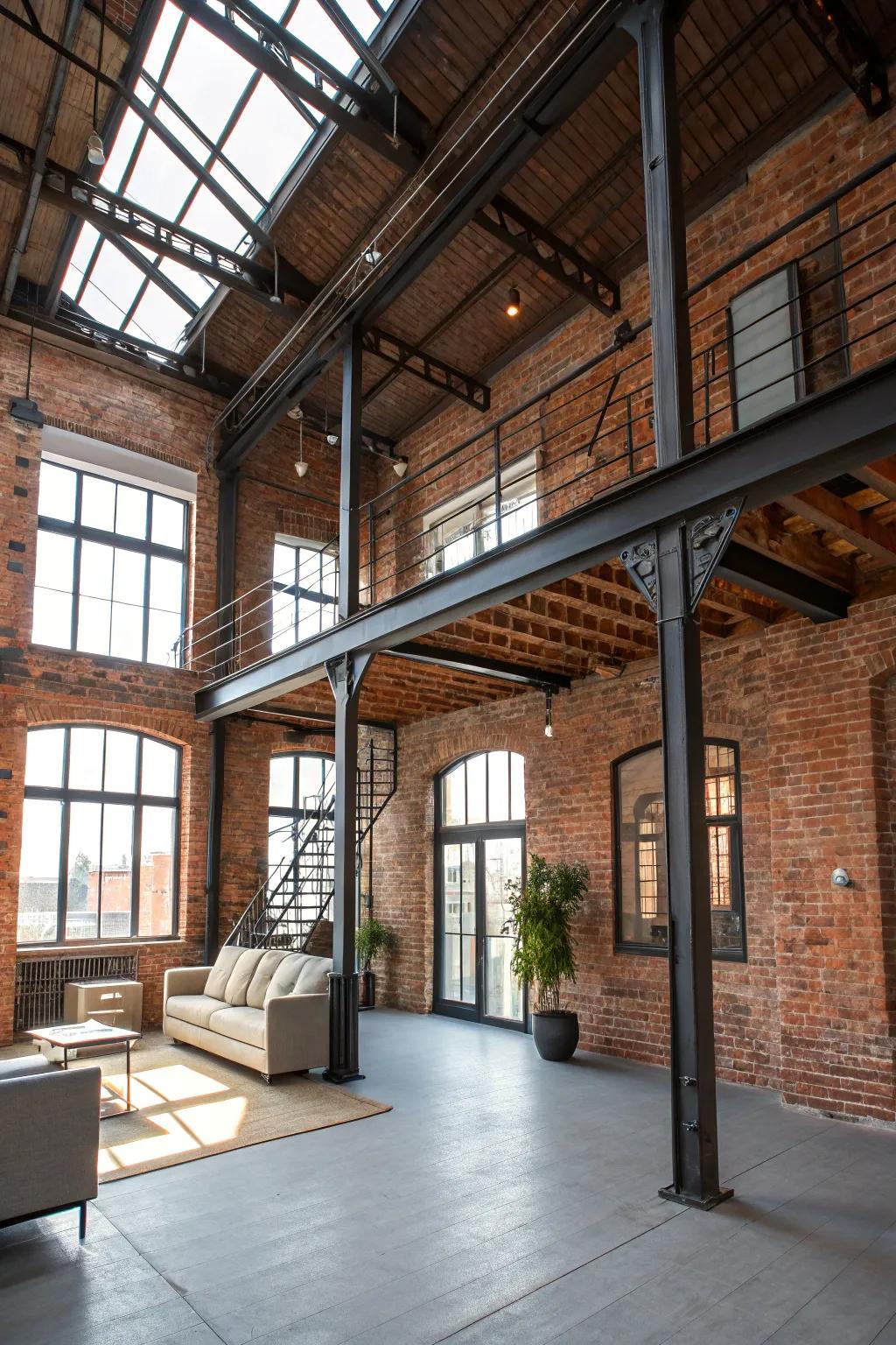 Urban appeal featuring exposed brickwork and steel beams.