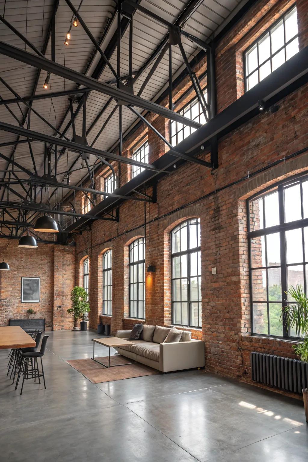 Industrial allure with uncovered brickwork and steel supports.