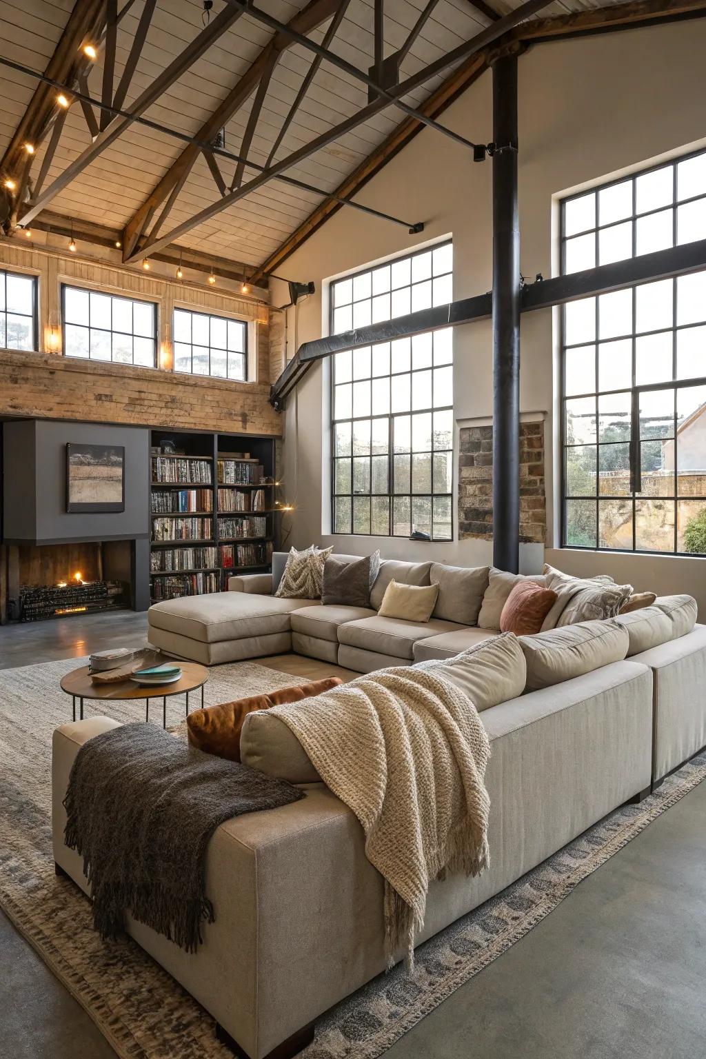 A sectional couch provides both a stylish look and comfort in a loft media space.