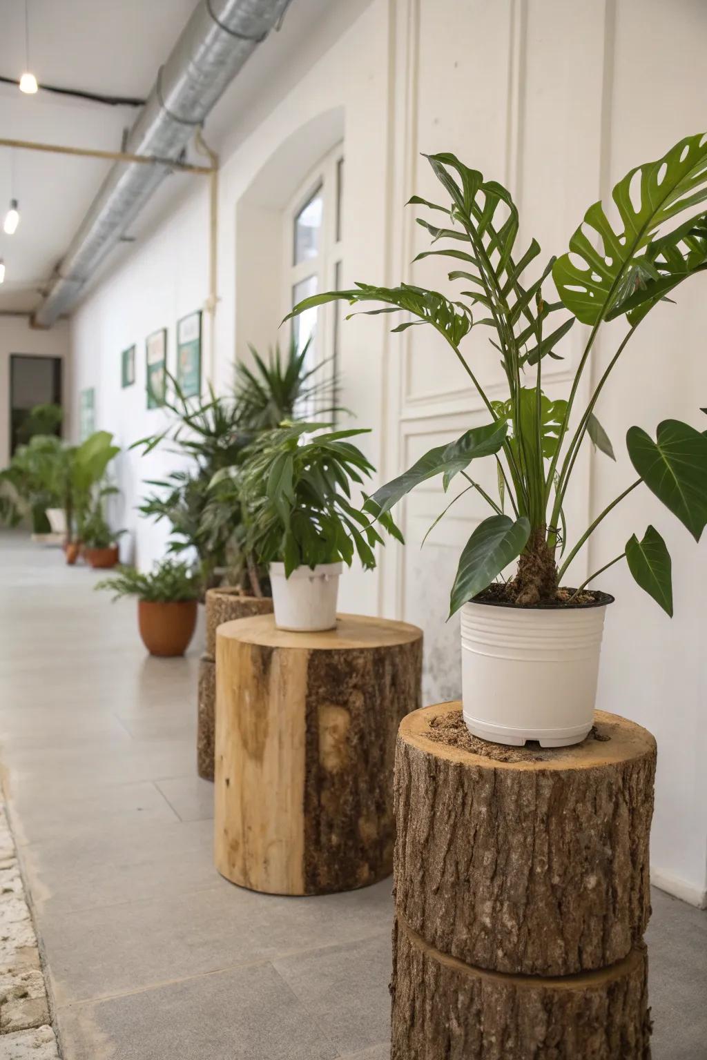 Lumber employed as chic vegetation platforms in an interior environment.