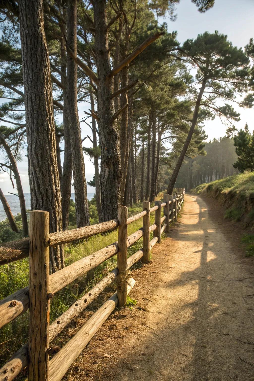 Rustic charm abounds with a log fence that complements the natural scenery.