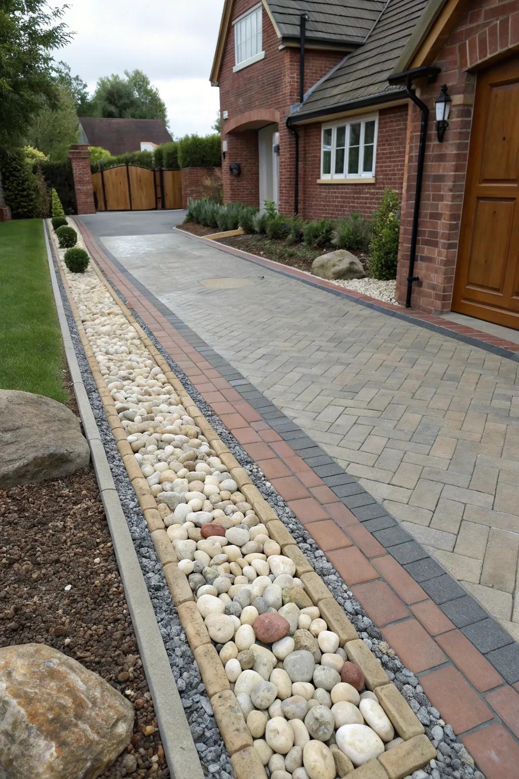 Stone edging lends a refined and polished look to this sophisticated driveway.