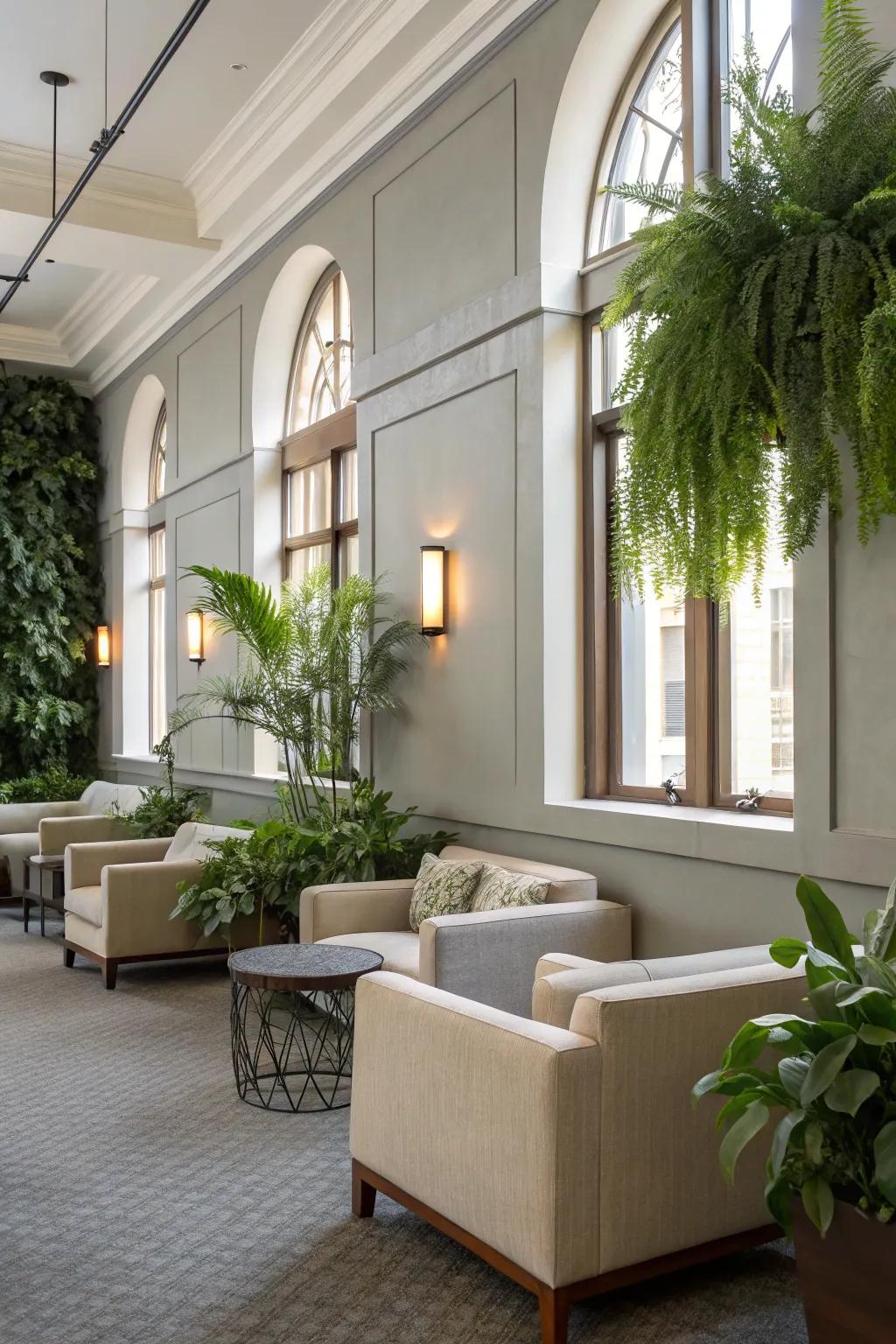 Soft hues foster a tranquil and versatile lounge ambiance.