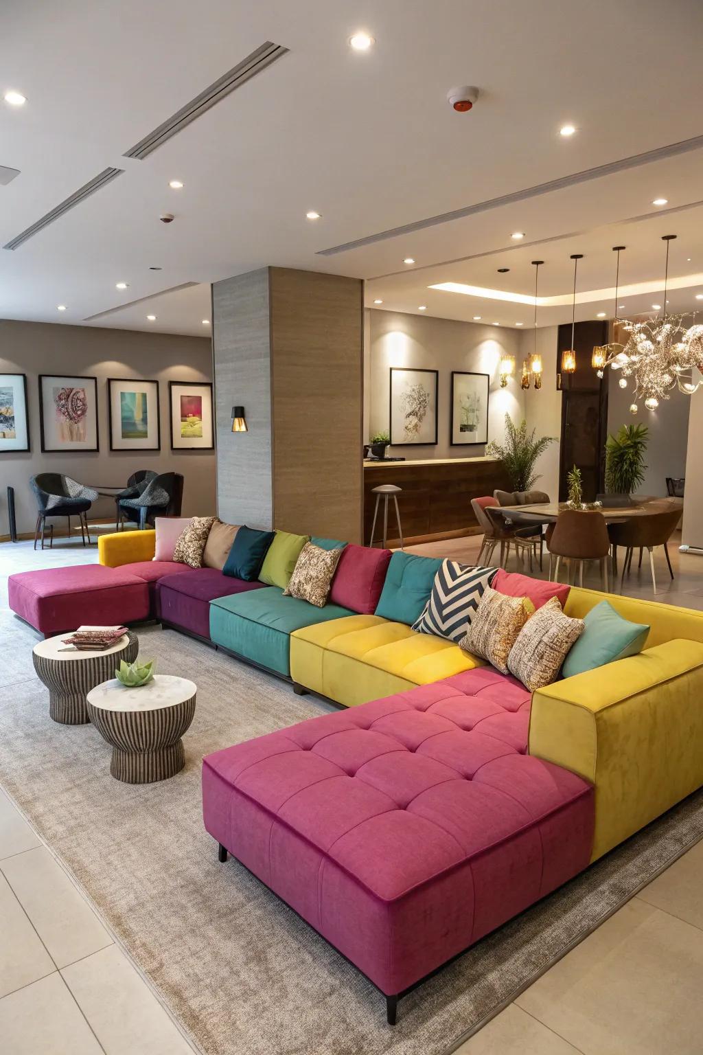 A bright sectional sofa takes center stage, creating a striking focal point.