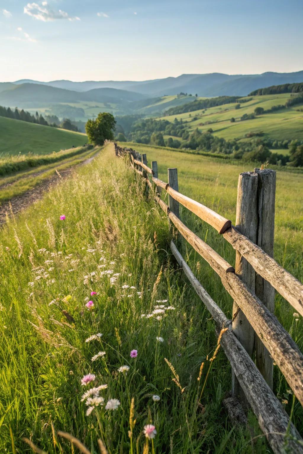 An aged split-rail fence gracefully integrates with the natural scenery.