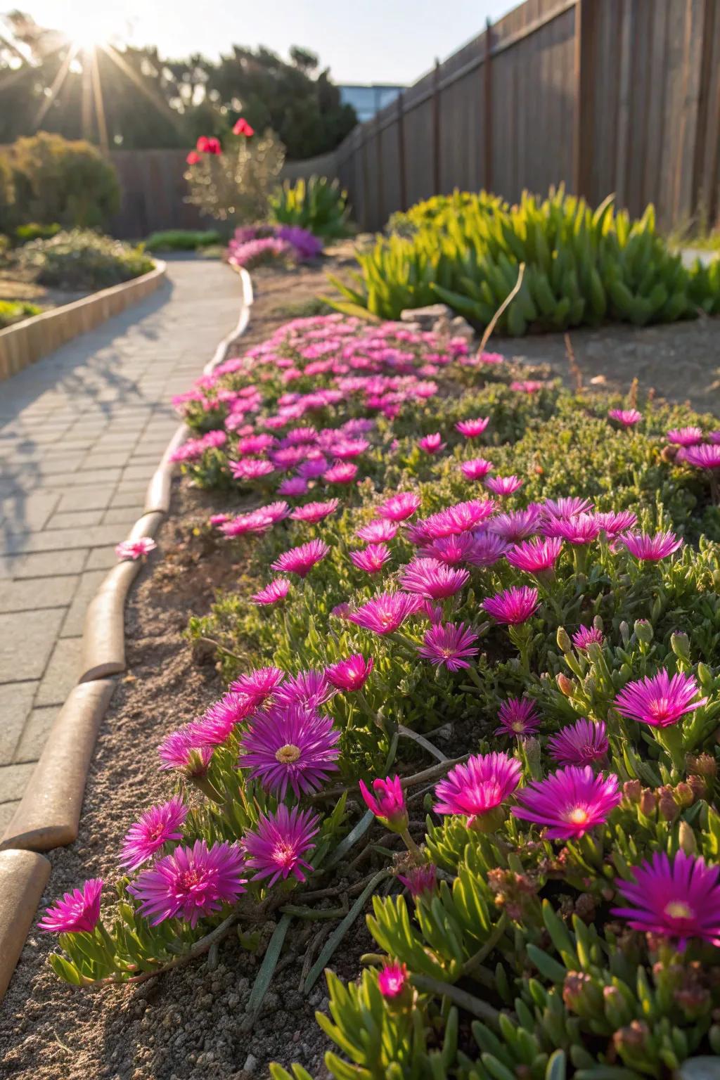 Glitter Plant radiating in the sunlight with its animated magenta blooms.