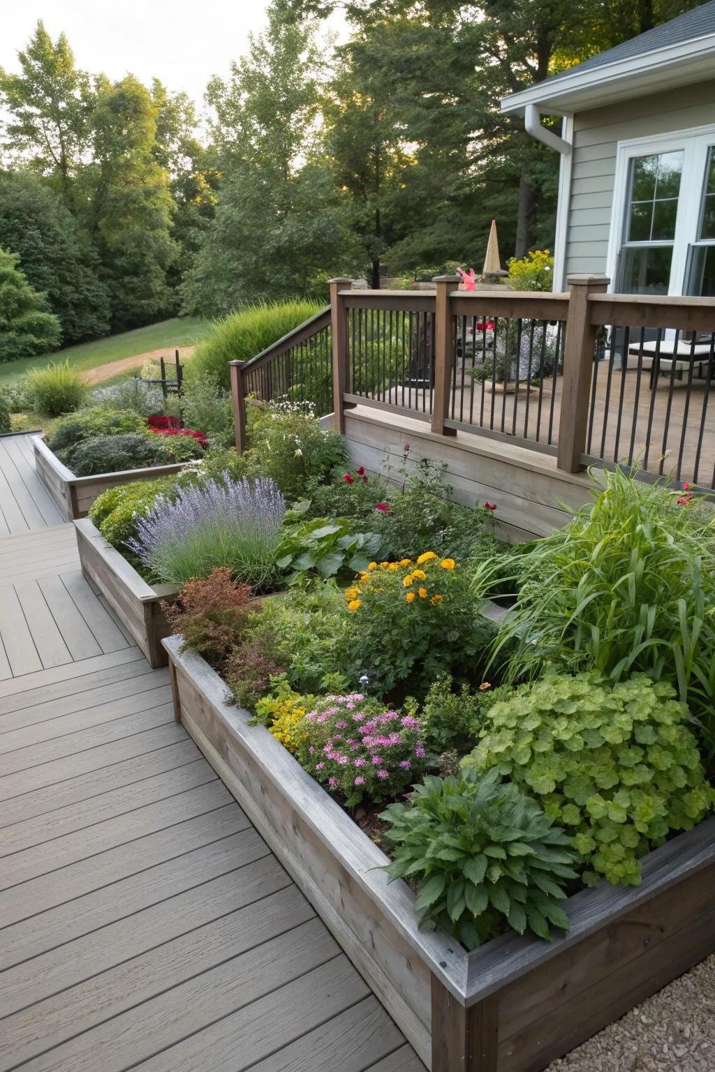 Simple planting spaces with perennials and shrubs surrounding a raised deck.