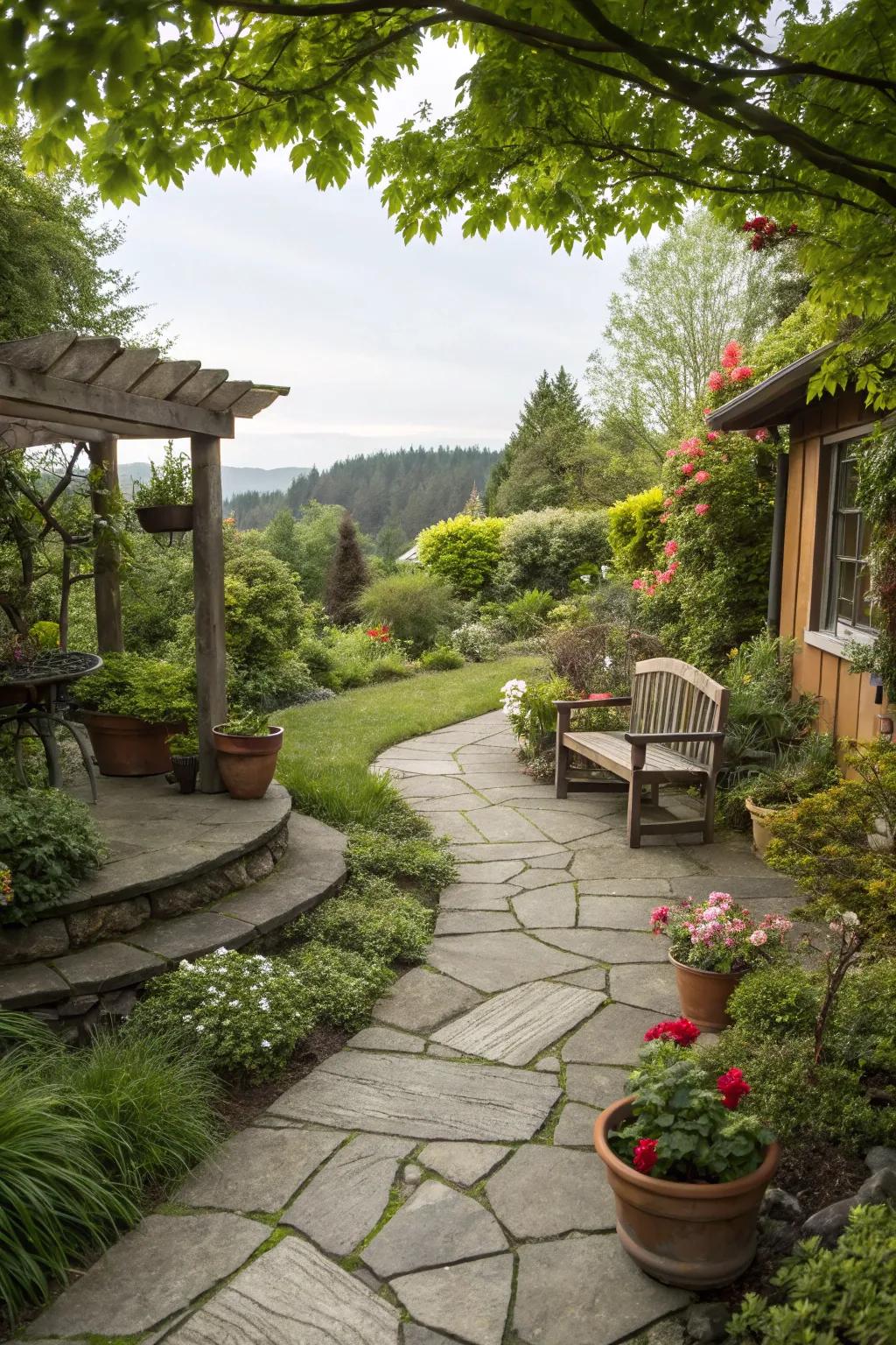 A low-maintenance stone path and patio in a Portland garden.