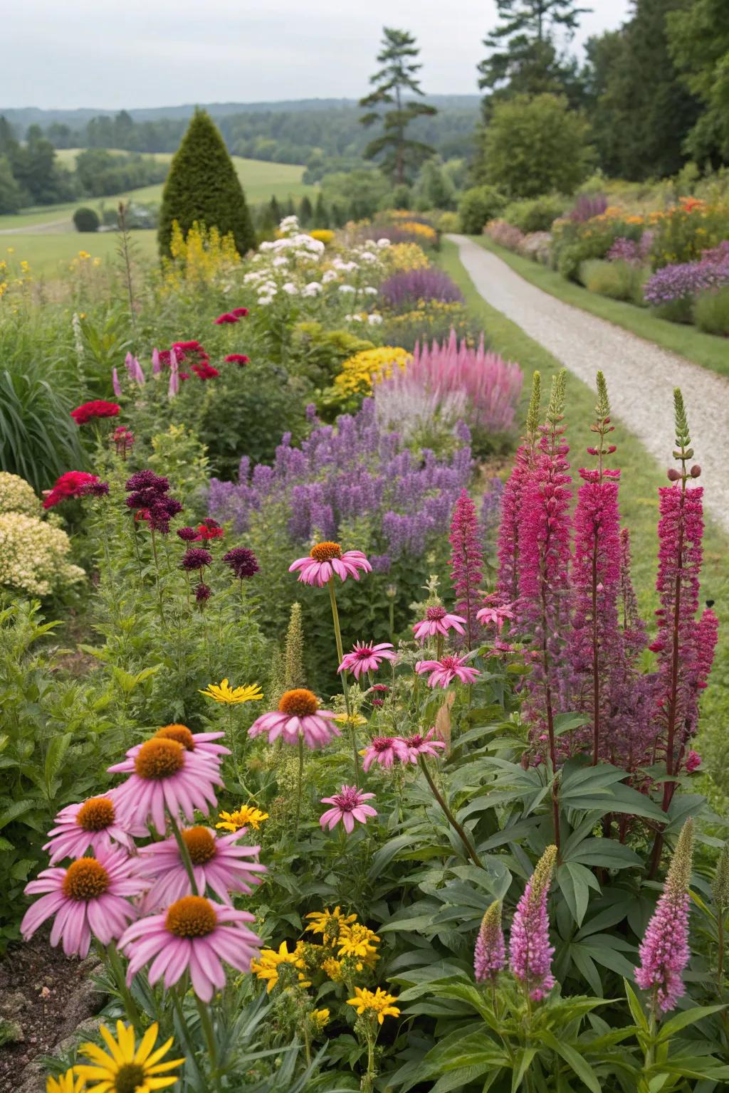 A garden teeming with varied perennial textures and colors.