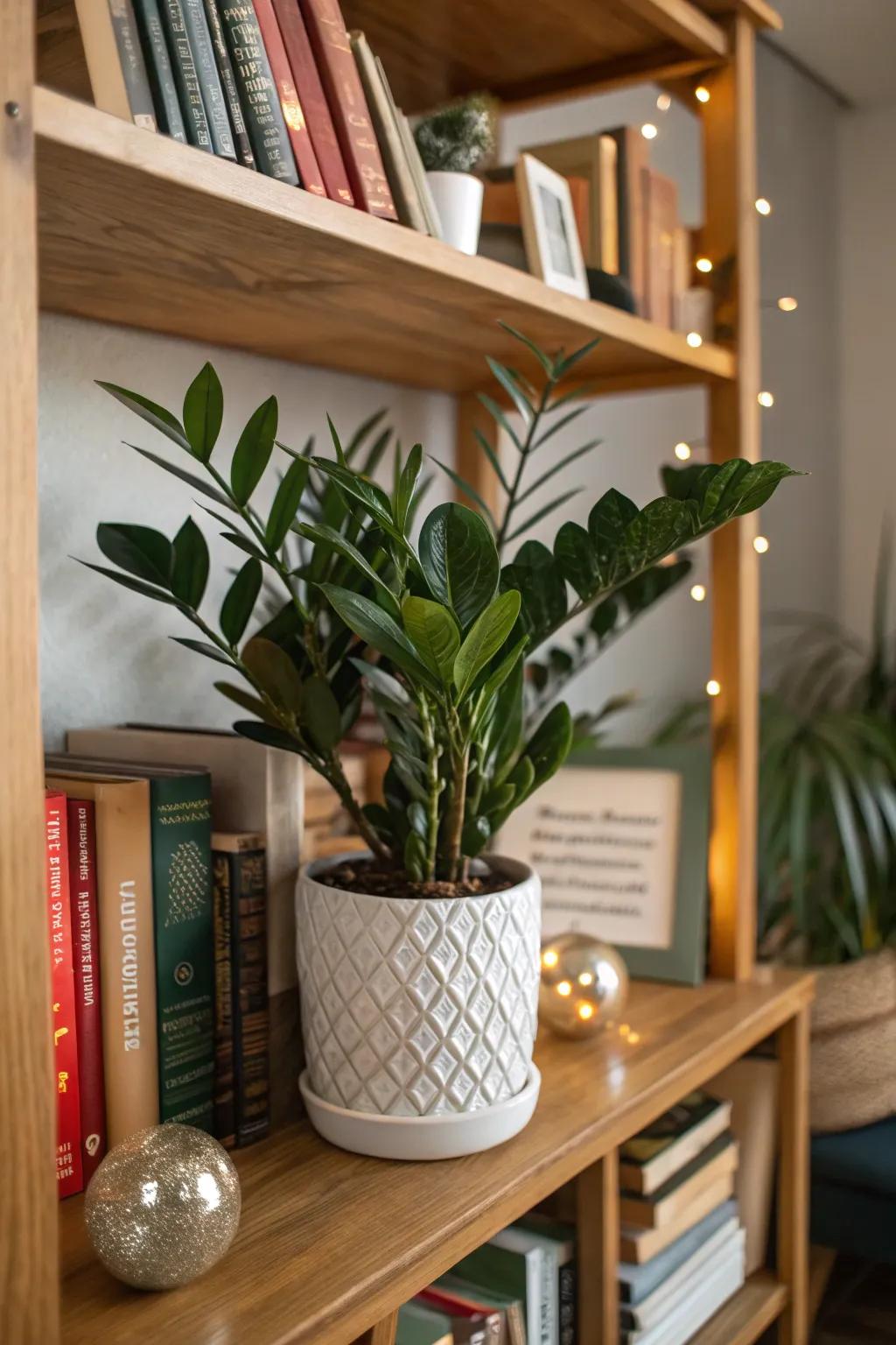 Make your shelves shine with the simple Zamioculcas Zamiifolia.