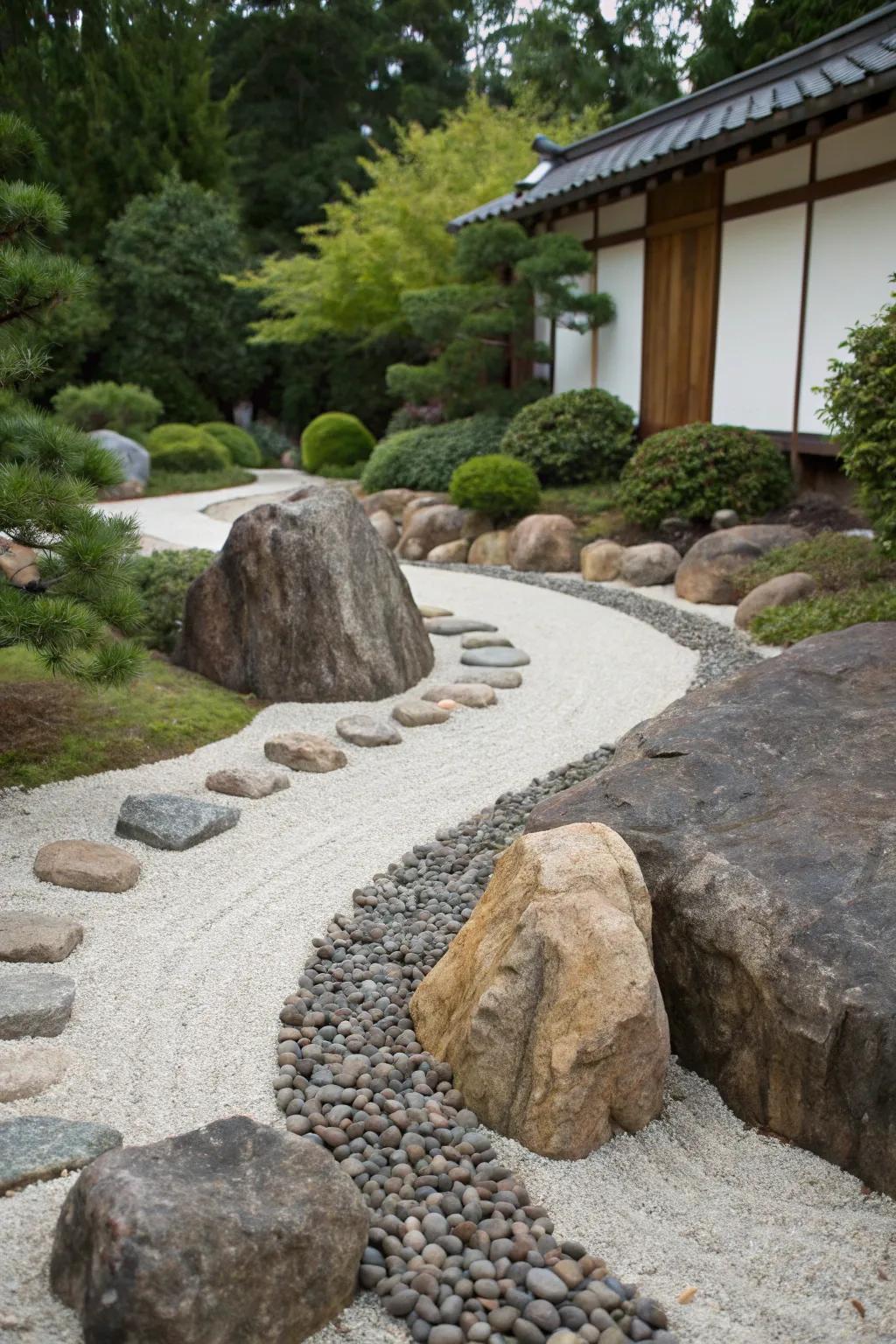 A winding pebble pathway leading through a rock garden.