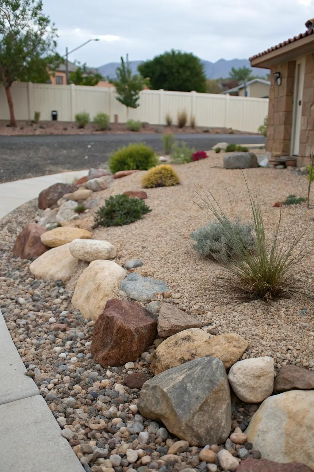 Crushed rock and boulders create a landscape for your front yard that is water-smart and easy to care for.