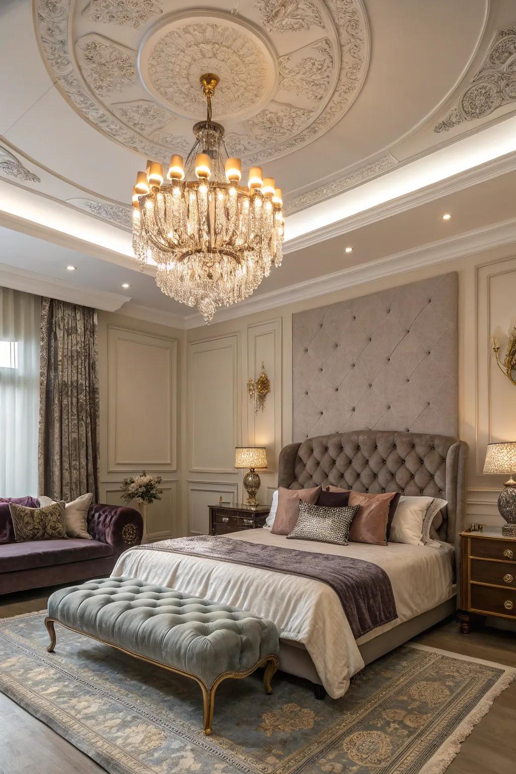 A posh bedroom brightened by a graceful, antique chandelier.
