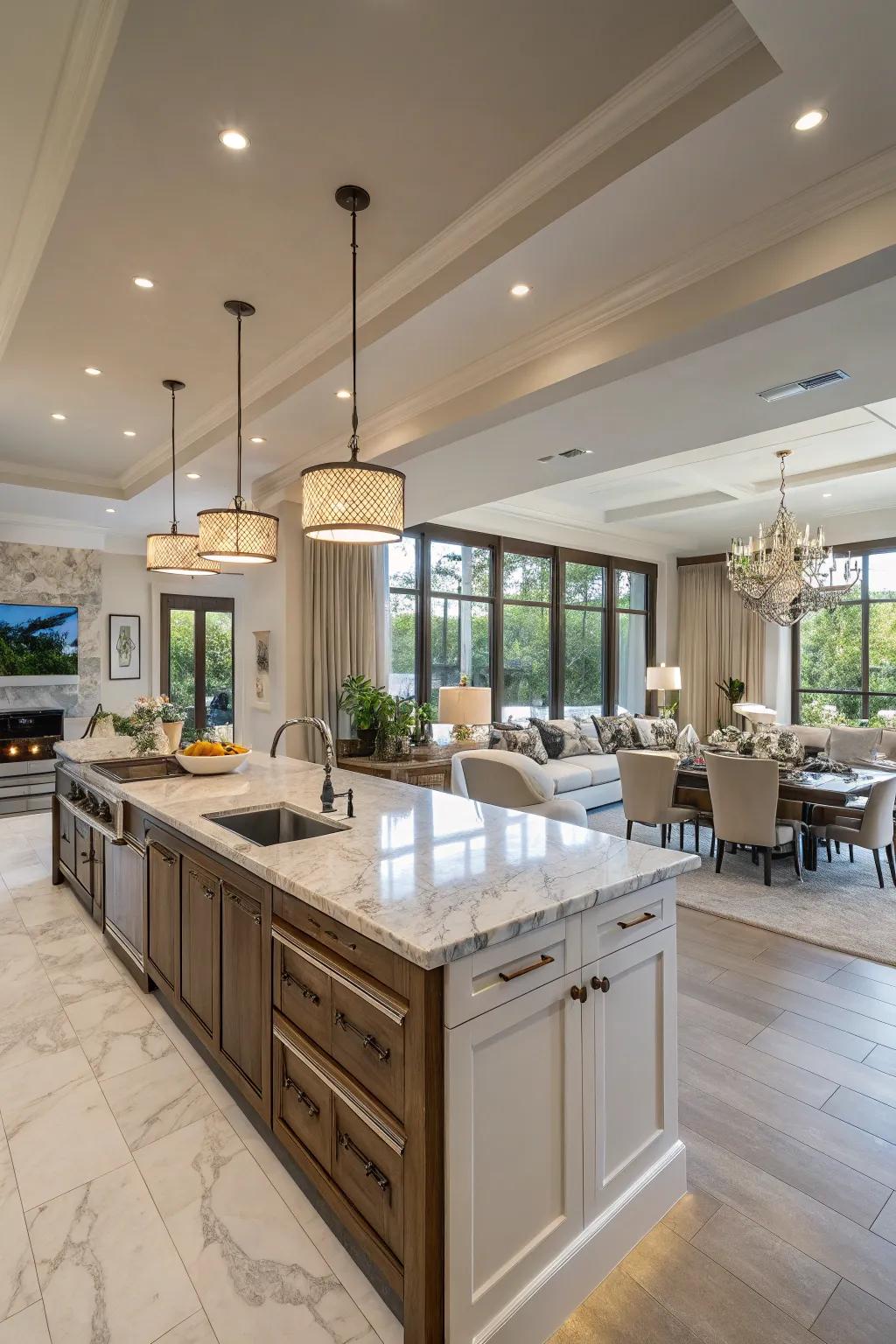 An open-plan kitchen providing unrestricted movement and plentiful space.